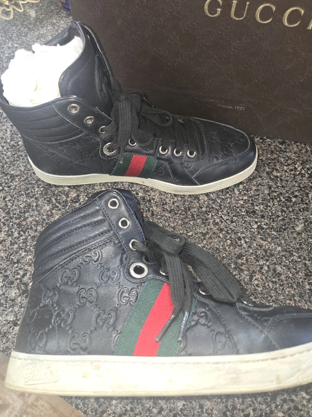 Gucci Black Leather High-Top Sneakers with Signature Web Stripe